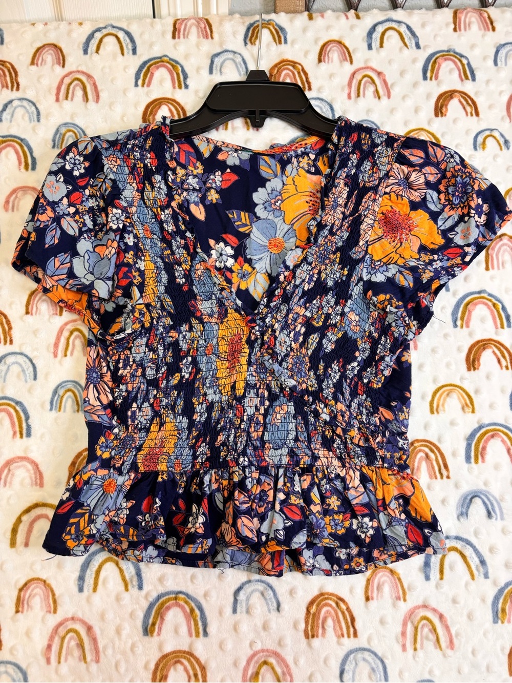 Navy Floral Smocked Peplum Crop Top